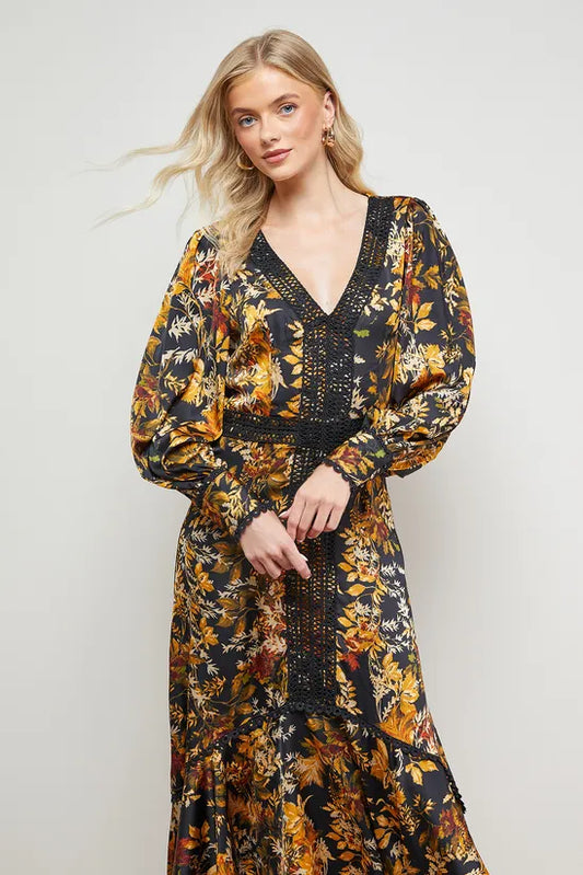 Printed Lace Trim Detail High Low Hem Midi Dress