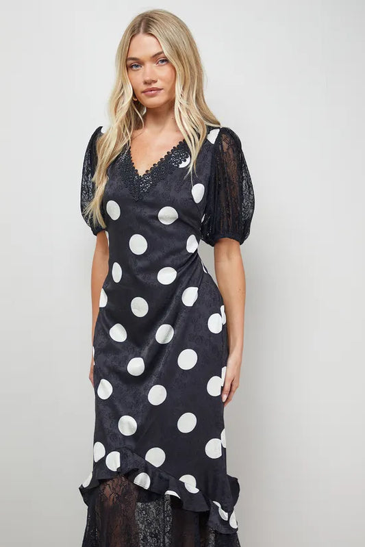 Polkadot Lace Frill Detail Puff Sleeve Midi Dress