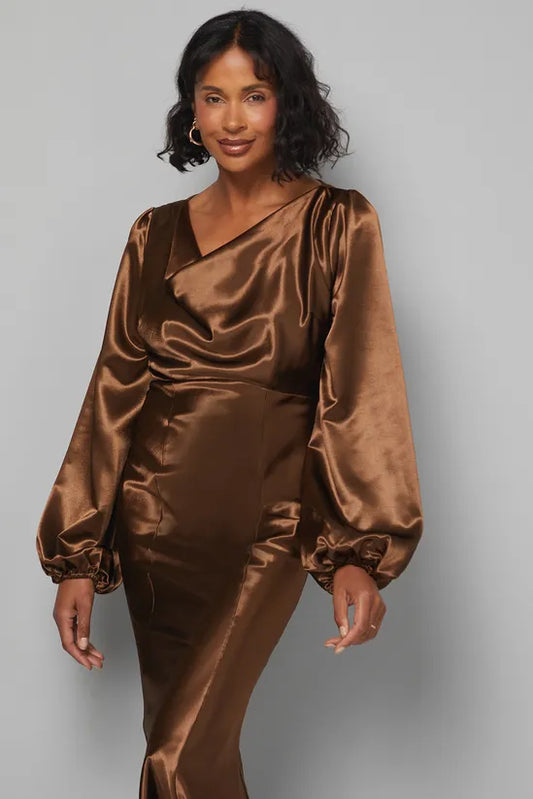 Satin Cowl Neck Midi Dress